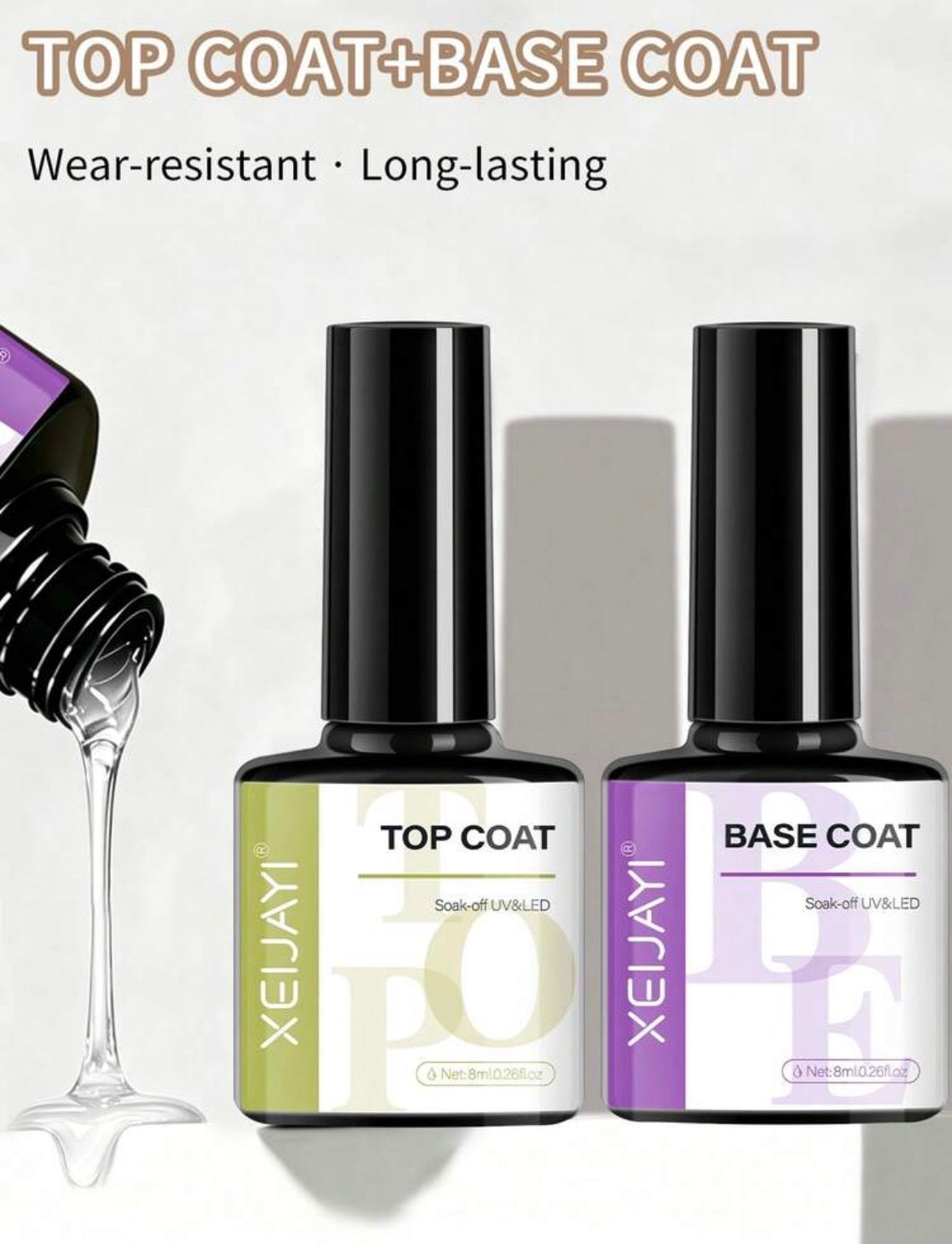 XEIJAYI 2pcs 8ml Base Coat & Top Coat Gel Set – No-Wipe Soak-Off UV/LED Nail Polish