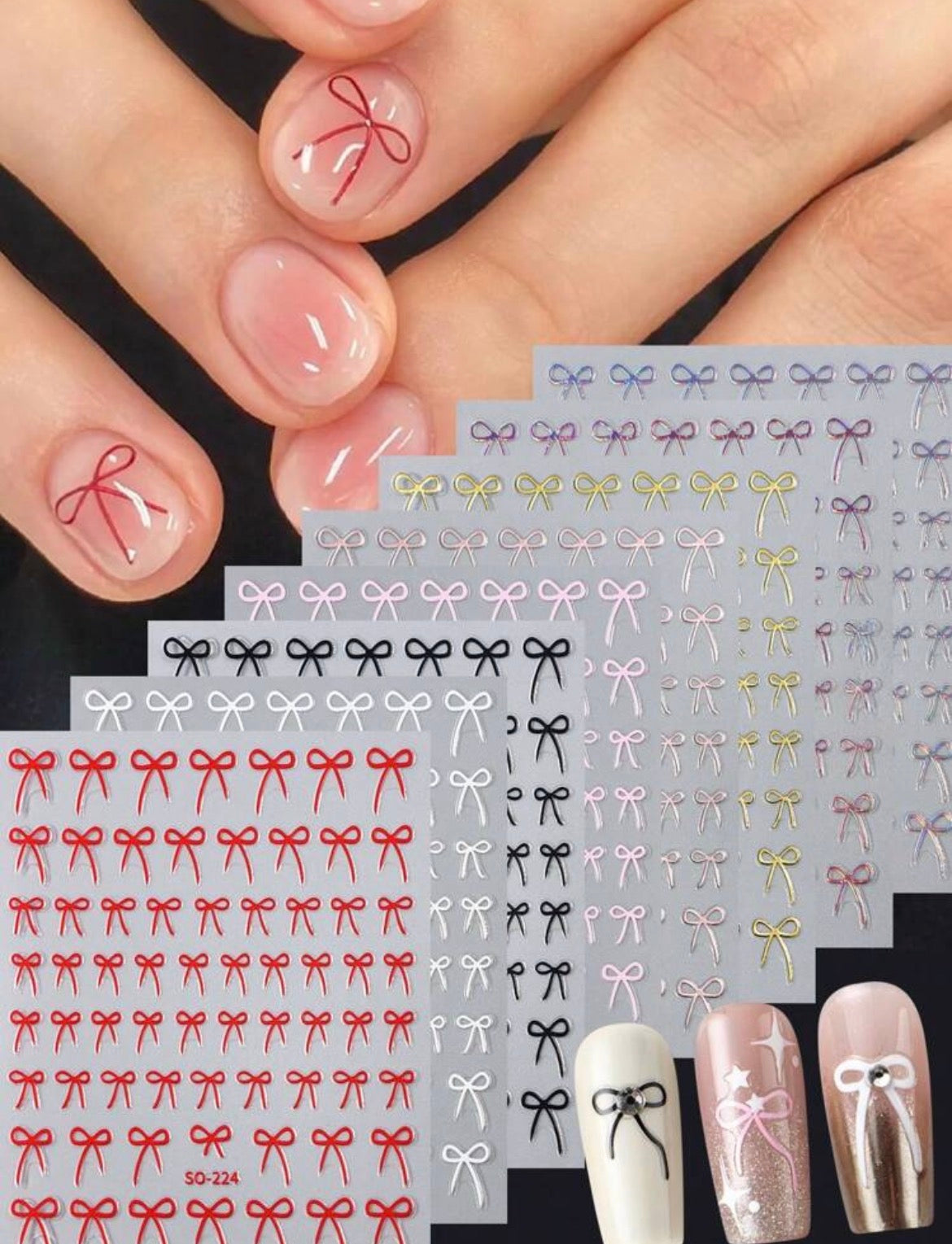 8-Color 3D Bow Nail Art Stickers – (pack of 8) - Glossy Pink, Red, Black & White Self-Adhesive Nail Charms