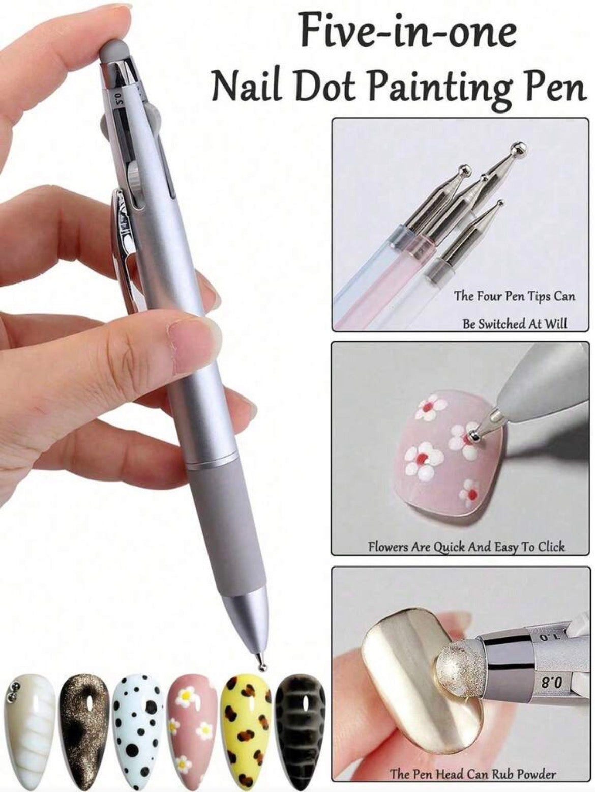 5-in-1 Nail Art Dotting Pen – Press-Type Dotting Tool for Polka Dot, Gradient & Glitter Designs
