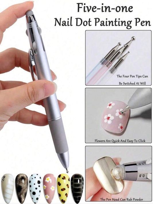 5-in-1 Nail Art Dotting Pen – Press-Type Dotting Tool for Polka Dot, Gradient & Glitter Designs