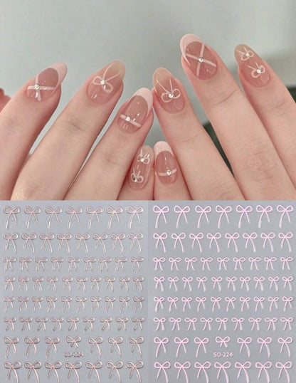 8-Color 3D Bow Nail Art Stickers – (pack of 8) - Glossy Pink, Red, Black & White Self-Adhesive Nail Charms