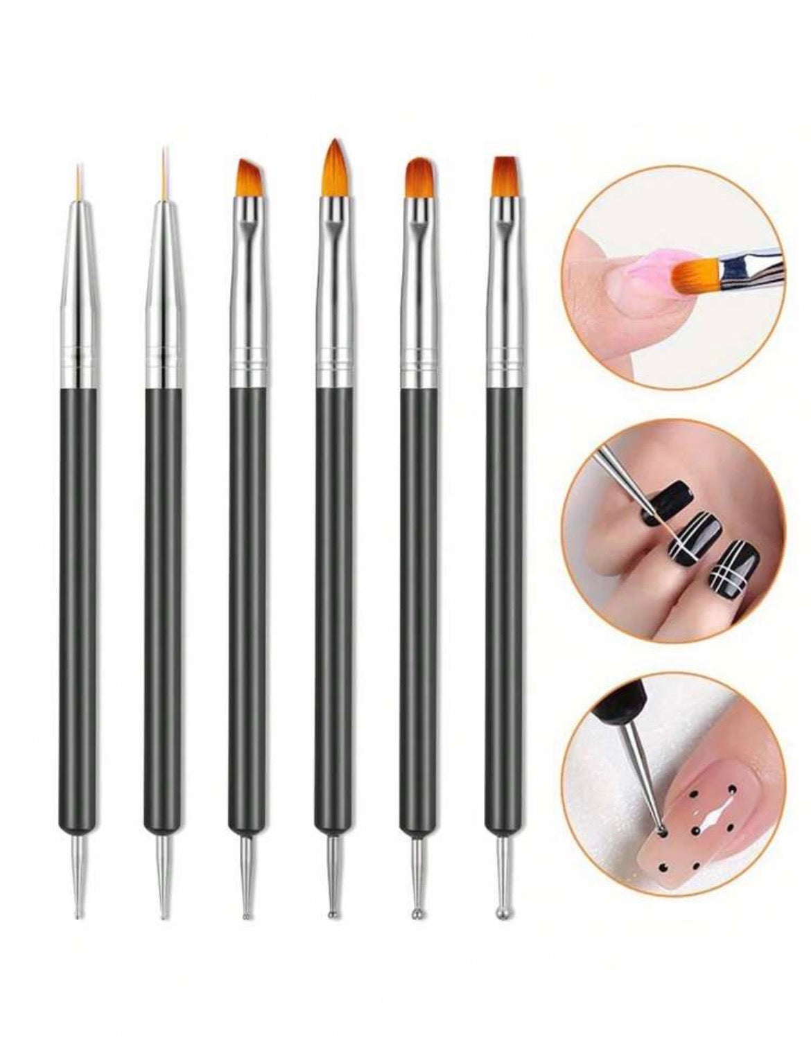 6pcs Double-Ended Nail Art Pens & Dotting Tools – French Tip, Lining & Gel Nail Design Set