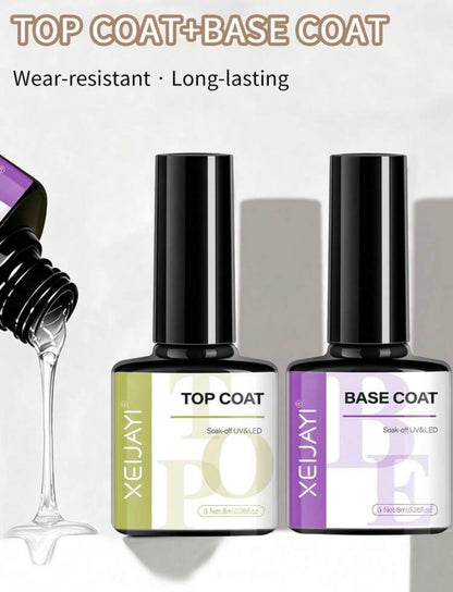 XEIJAYI 2pcs 8ml Base Coat & Top Coat Gel Set – No-Wipe Soak-Off UV/LED Nail Polish