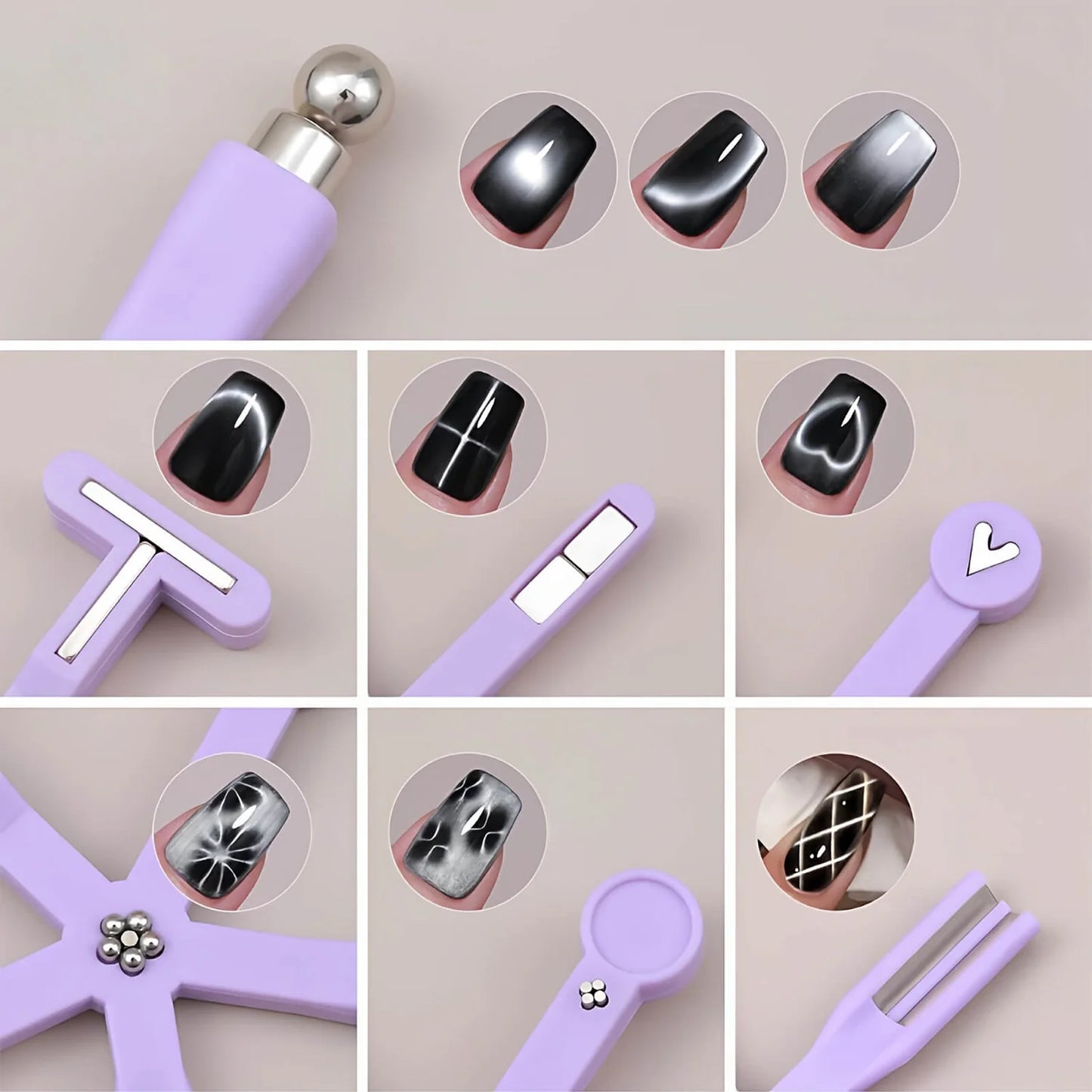 8-in-1 Cat Eye Nail Magnet - Heart, French, Plaid & Wide Light Effects Tool