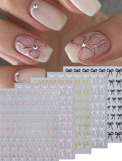 8-Color 3D Bow Nail Art Stickers – (pack of 8) - Glossy Pink, Red, Black & White Self-Adhesive Nail Charms
