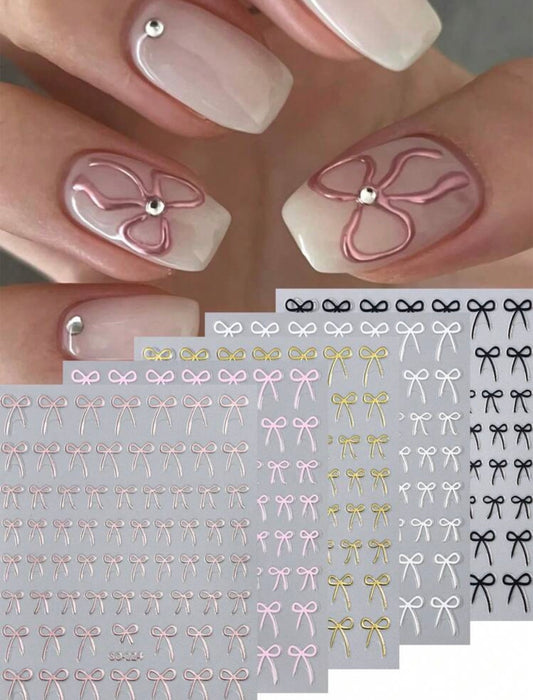 8-Color 3D Bow Nail Art Stickers – (pack of 8) - Glossy Pink, Red, Black & White Self-Adhesive Nail Charms