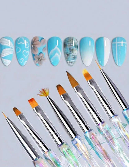 8pcs Gradient Nail Art Pen Brushes – Aurora Handle Professional Nail Painting Set