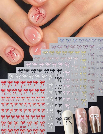 8-Color 3D Bow Nail Art Stickers – (pack of 8) - Glossy Pink, Red, Black & White Self-Adhesive Nail Charms