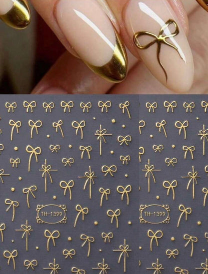 Gold Bow Nail Art Stickers – Floral, Petal & Leaf Nail Decals for Elegant Nail Designs